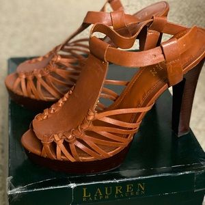 Ralph Lauren cognac leather sandal heels. Platform sole with cutouts.